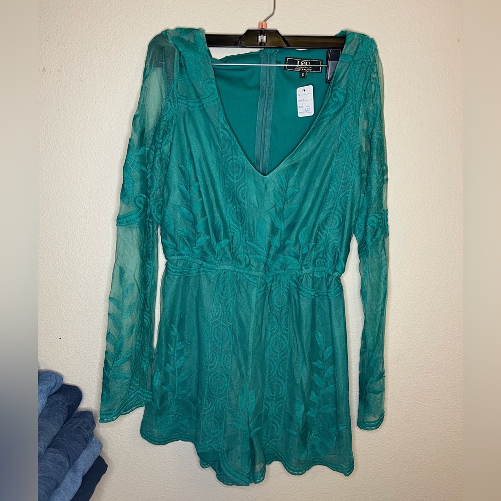 Lace long sleeve romper blue-green